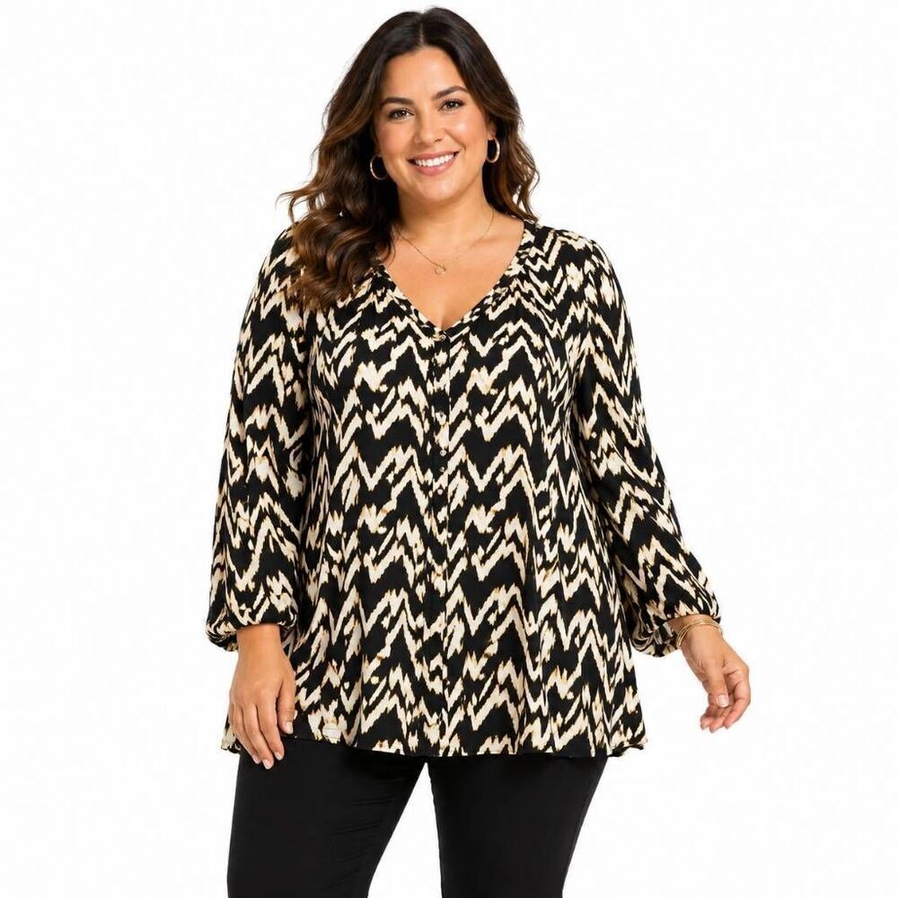 Cato Black Gold Chevron Print Tunic Top 26/28W (NWT)